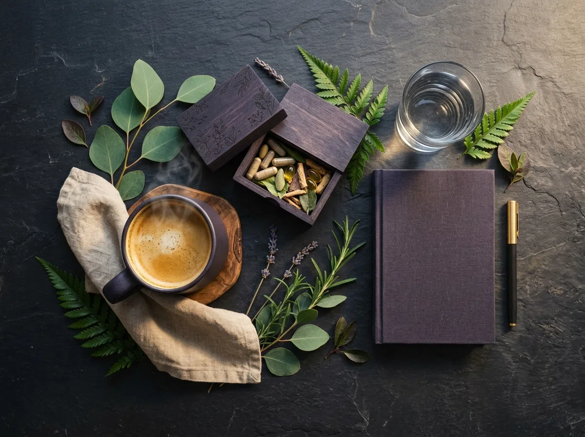 Healthy morning wellness routine with warm drink, supplement box and botanical sprigs