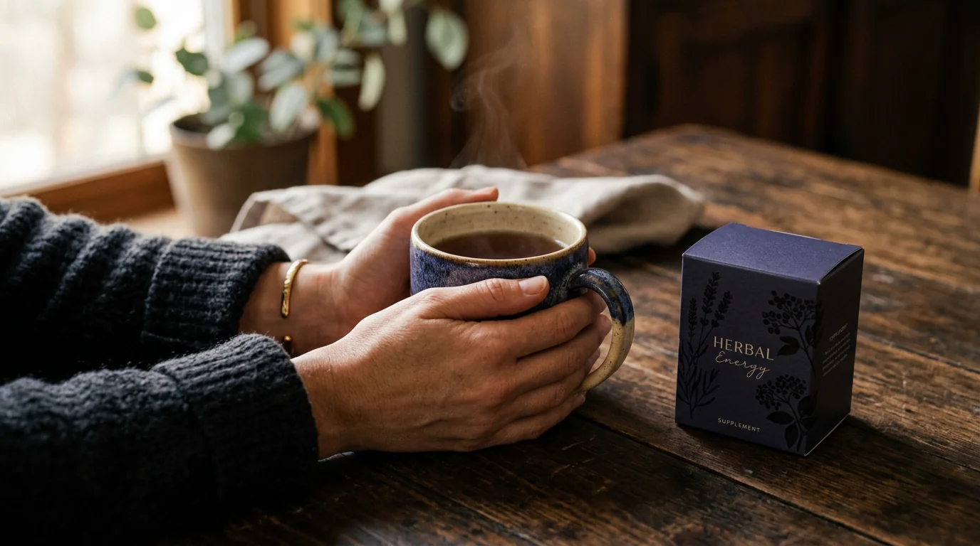 Hands wrapping around a warm morning drink beside a Slim Coffee Booster supplement box